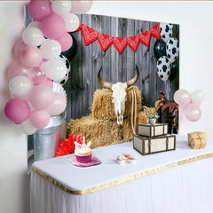 Lofaris Toile de fond western rustique pour anniversaire avec ballons vache, décor de fête à thème ferme pour studio photo