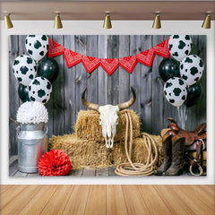 Lofaris Toile de fond western rustique pour anniversaire avec ballons vache, décor de fête à thème ferme pour studio photo