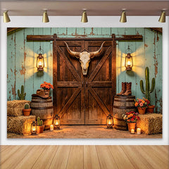 Lofaris Toile de fond de photographie western avec porte de grange et crâne de taureau, rustique et authentique pour studio photo ou événement