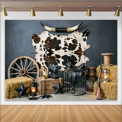 Lofaris Toile de fond de photographie western avec peau de vache et roue de chariot, décor rustique de grange pour studio et séance photo