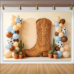 Lofaris Toile de fond pour baby shower cow-boy avec bottes en bois et ballons imprimé vache, rustique pour fête prénatale et séance photo