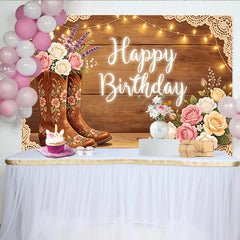 Lofaris Toile de fond joyeux anniversaire rustique avec bottes de cowboy fleuries et bois, arrière-plan champêtre pour studio photo