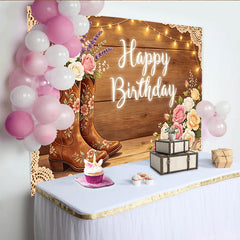 Lofaris Toile de fond joyeux anniversaire rustique avec bottes de cowboy fleuries et bois, arrière-plan champêtre pour studio photo