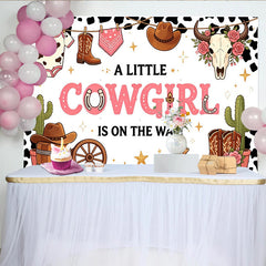 Lofaris Toile de fond baby shower cowgirl rose pour fille, thème western arrière-plan de fête prénatale avec bottes et chapeau