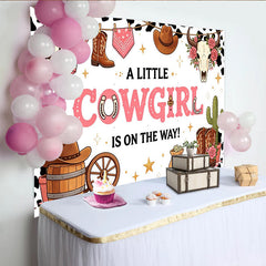 Lofaris Toile de fond baby shower cowgirl rose pour fille, thème western arrière-plan de fête prénatale avec bottes et chapeau