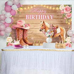 Lofaris Toile de fond anniversaire cowgirl cheval rose avec roses et bois, arrière-plan rustique élégant pour studio photo et fête