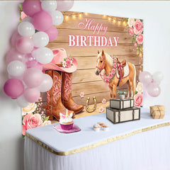 Lofaris Toile de fond anniversaire cowgirl cheval rose avec roses et bois, arrière-plan rustique élégant pour studio photo et fête