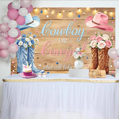 Lofaris Toile de fond pour baby shower révélation du sexe cowboy ou cowgirl, décor rustique avec bottes et chapeaux