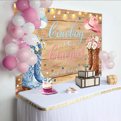 Lofaris Toile de fond pour baby shower révélation du sexe cowboy ou cowgirl, décor rustique avec bottes et chapeaux
