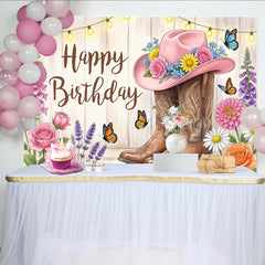 Lofaris Toile de fond joyeux anniversaire western avec chapeau rose et bottes, décor floral champêtre pour studio photo et fête