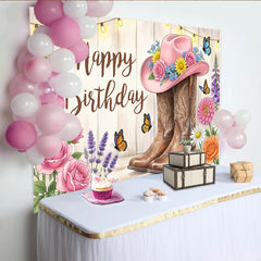 Lofaris Toile de fond joyeux anniversaire western avec chapeau rose et bottes, décor floral champêtre pour studio photo et fête