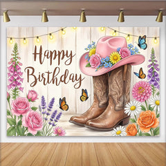 Lofaris Toile de fond joyeux anniversaire western avec chapeau rose et bottes, décor floral champêtre pour studio photo et fête