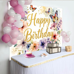 Lofaris Toile de fond joyeux anniversaire florale avec papillons, paillettes dorées et magnifique décor pour studio photo et fête