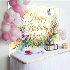 Lofaris: Toile de fond joyeux anniversaire florale aquarelle papillons, magnifique arrière-plan de fête pour studio photo