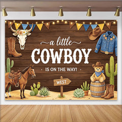 Lofaris Toile de fond pour baby shower cowboy avec bottes, chapeau et cheval, arrière-plan en bois rustique pour fête prénatale garçon