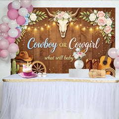 Lofaris Toile de fond pour baby shower western avec crâne de taureau et fleurs roses bleues, décor de ferme pour révélation du genre