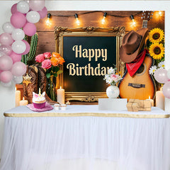 Lofaris Toile de fond western joyeux anniversaire avec bottes de cowboy et guitare, décor rustique en bois pour fête et séance photo