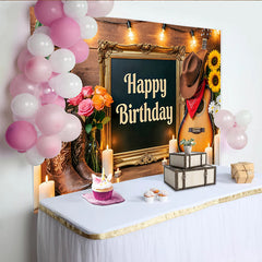 Lofaris Toile de fond western joyeux anniversaire avec bottes de cowboy et guitare, décor rustique en bois pour fête et séance photo