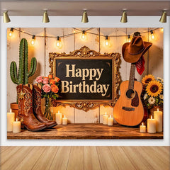 Lofaris Toile de fond pour anniversaire western avec bottes et guitare, décor de fête rustique pour studio photo avec tournesols