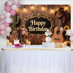 Lofaris Toile de fond joyeux anniversaire thème western avec bottes et guitare, décor de fête rustique pour studio photo et célébration