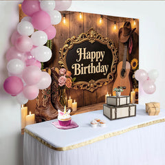 Lofaris Toile de fond joyeux anniversaire thème western avec bottes et guitare, décor de fête rustique pour studio photo et célébration