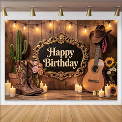 Lofaris Toile de fond joyeux anniversaire thème western avec bottes et guitare, décor de fête rustique pour studio photo et célébration