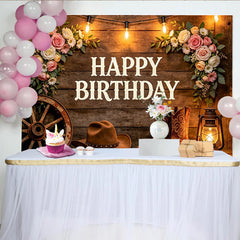 Lofaris Toile de fond anniversaire western bois rustique, fleurs et lumières, avec bottes de cowboy et chapeau, décor rustique pour photo