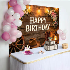 Lofaris Toile de fond anniversaire western bois rustique, fleurs et lumières, avec bottes de cowboy et chapeau, décor rustique pour photo