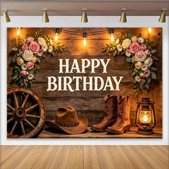 Lofaris Toile de fond anniversaire western bois rustique, fleurs et lumières, avec bottes de cowboy et chapeau, décor rustique pour photo