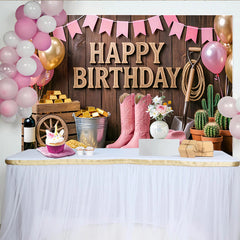 Lofaris Toile de fond joyeux anniversaire western rose avec bottes et chapeau, décor rustique pour fête et séance photo