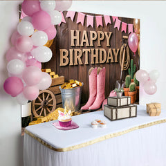 Lofaris Toile de fond joyeux anniversaire western rose avec bottes et chapeau, décor rustique pour fête et séance photo