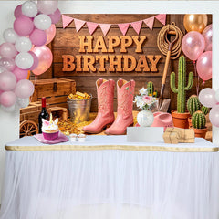 Lofaris Toile de fond pour anniversaire cowgirl rose avec bottes, chapeau et ballons, décor western pour fête de fille et séance photo