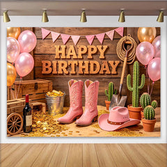 Lofaris Toile de fond pour anniversaire cowgirl rose avec bottes, chapeau et ballons, décor western pour fête de fille et séance photo