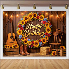 Lofaris Toile de fond joyeux anniversaire rustique avec tournesols et guitare, magnifique décor de fête western pour studio photo