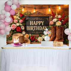 Lofaris Toile de fond joyeux anniversaire western avec roses et bottes, décor rustique pour studio photo et célébration