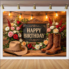 Lofaris Toile de fond joyeux anniversaire western avec roses et bottes, décor rustique pour studio photo et célébration