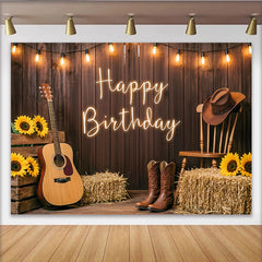 Lofaris Toile de fond joyeux anniversaire thème western avec guitare et bottes, décor rustique pour studio photo avec tournesols et lumières