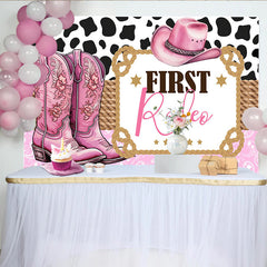 Lofaris Toile de fond pour 1er anniversaire cowgirl rodéo rose avec bottes et chapeau, décor de fête western avec motif vache pour studio photo
