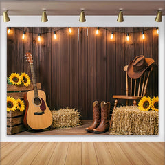 Lofaris Toile de fond de photographie rustique en bois avec guitare et tournesols, magnifique décor western pour studio photo et événements