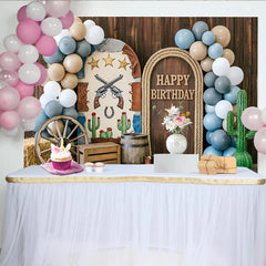 Lofaris Toile de fond anniversaire western avec pistolets et cactus, décorations rustiques arrière-plan de fête pour studio photo ou photomaton