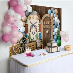 Lofaris Toile de fond anniversaire western avec pistolets et cactus, décorations rustiques arrière-plan de fête pour studio photo ou photomaton
