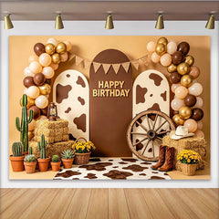 Lofaris Toile de fond anniversaire western avec imprimé vache et ballons, décor de fête rustique pour séance photo