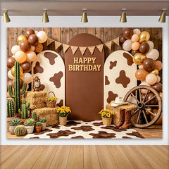 Lofaris Toile de fond anniversaire thème western avec imprimé vache et ballons, arrière-plan rustique pour studio photo et décoration de fête