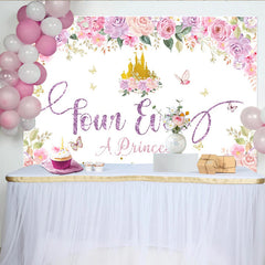 Lofaris Toile de fond 4ème anniversaire princesse château doré et fleurs roses, scintillant arrière-plan floral pour fête de fille et photo