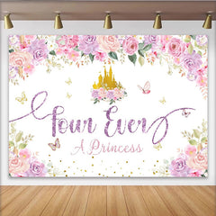 Lofaris Toile de fond 4ème anniversaire princesse château doré et fleurs roses, scintillant arrière-plan floral pour fête de fille et photo