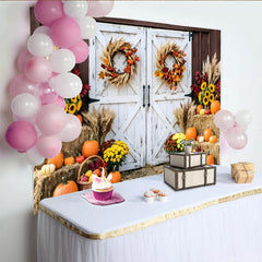 Lofaris Toile de fond d'automne rustique avec portes de grange blanches et citrouilles, de récolte pour studio photo et fête de Thanksgiving