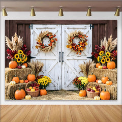 Lofaris Toile de fond d'automne rustique avec portes de grange blanches et citrouilles, de récolte pour studio photo et fête de Thanksgiving