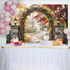 Lofaris Toile de fond d'automne avec arche rustique, feuilles colorées et citrouilles, décor de saison pour photographie et événements festifs
