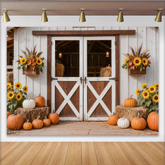 Lofaris Toile de fond d'automne rustique avec citrouilles et porte de grange, magnifique arrière-plan de récolte pour studio photo ou fête