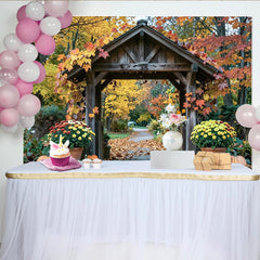 Lofaris Toile de fond de photographie d'automne avec arche en bois et feuillage, décor de récolte avec citrouilles et fleurs pour studio photo